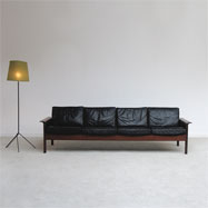 Hans Olsen rosewood leather 4 seat sofa, 2 side chairs and ottoman