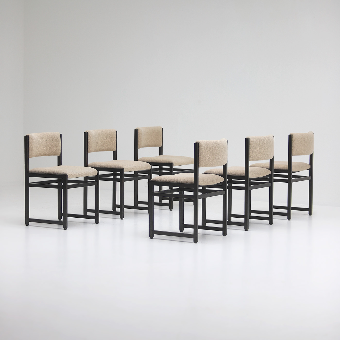 Six Black Stained Oak Chairs with Bouclé Upholstery