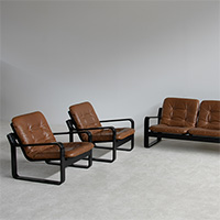  1970s Pastoe sofa set 3+1+1 with brown leather cushions