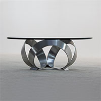 polished metal coffee table thick glass 1970s