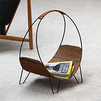 Nice woven cane magazine rack with hairpin shaped legs